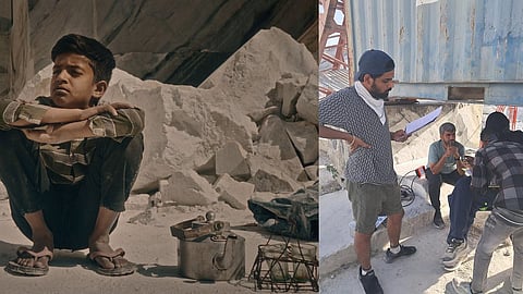 A still from Whispers Of The Mountains; Jigar Nagda (sitting) at the sets of the film