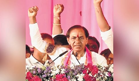 BRS supremo K Chandrasekhar Rao raises a slogan during the Praja Ashirvada Sabha in Jagtial on Monday