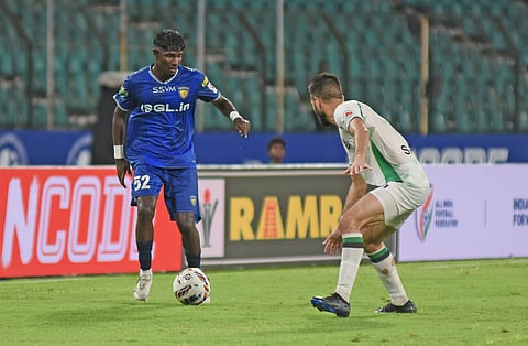 S Prakadeswaran (L) taking on the defender on Tuesday