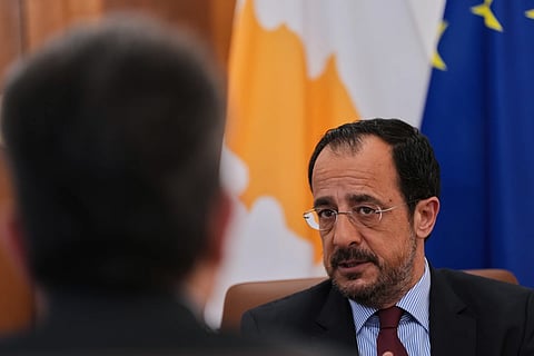 Cypriot President Nikos Christodoulides speaks during an Associated Press interview ahead of this week’s major EU-Middle East summit, at the presidential palace in the capital Nicosia, Cyprus, Tuesday, April 21, 2026.