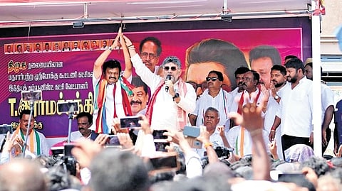 Karnataka Deputy Chief Minister DK Shivakumar campaigns for Thalli candidate T Ramachandran in Krishnagiri district in Tamil Nadu.