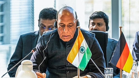 Union Defence Minister Rajnath Singh addresses German parliamentarians during a high-level meeting at the German Parliament, in Berlin on Tuesday, April 21, 2026. 