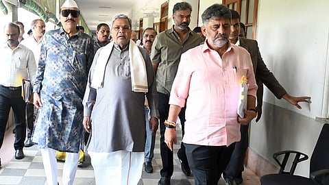 In this image from April 22, 2026, Chief Minister Siddaramaiah and Deputy CM DK Shivakumar are seen arriving for the Cabinet Sub Committee Meeting at Vidhana Soudha in Bengaluru, Karnataka. 