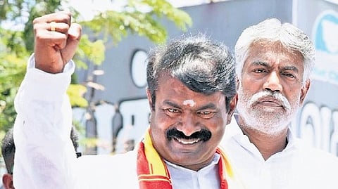 NTK leader Seeman addressing voters in Karaikudi.