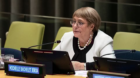 Michelle Bachelet, former Chilean president and a candidate for United Nations secretary-general, speaks during an informal dialogue at UN headquarters on Tuesday, April 21, 2026.