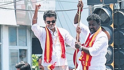 TVK chief Vijay at a road show in Palavakkam.