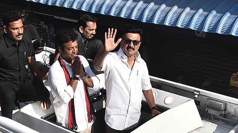 Chief Minister MK Stalin during a roadshow at Ayanavaram in Villivakkam constituency.