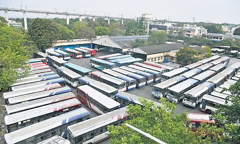 Buses remain parked at the Jubilee Bus Station on Wednesday following the strike called by Telangana State Road Transport Corporation employees.