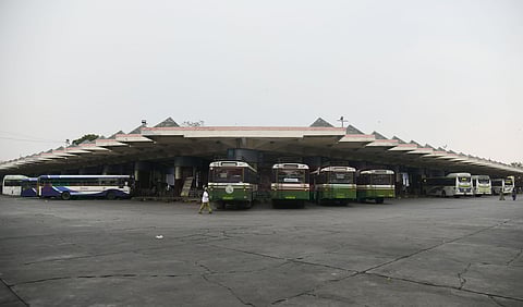 The Mahatma Gandhi Bus Station wears a deserted look with sparse passenger movement on the second day of the TGSRTC employees' strike in Telangana