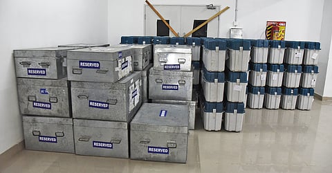  Reserve EVM machines were kept at the city corporation zonal office for emergency use in Tiruchy on Wednesday. 