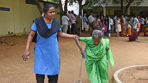 Senior citizens came to polling centers to cast their votes at Eb Road in Tiruchy on Thursday. 