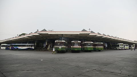 The Mahatma Gandhi Bus Station wearing a deserted look with sparse passenger movement on the second day of the TGSRTC employees' strike 