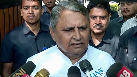 Senior JD(U) leader and Bihar Deputy Chief Minister Vijay Kumar Chaudhary speaks to the press in Patna.