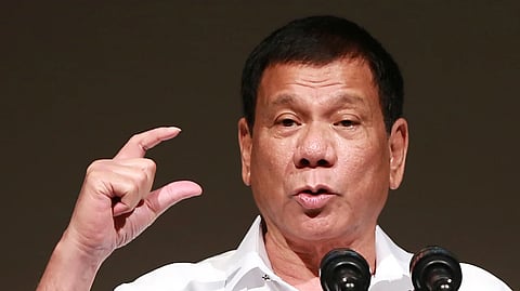 In this Oct. 26, 2016 file photo, Philippine President Rodrigo Duterte delivers a speech at the Philippine Economic Forum in Tokyo.