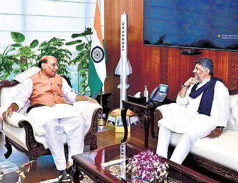 Deputy Chief Minister DK Shivakumar holds discussions with Defence Minister Rajnath Singh in New Delhi on Friday 