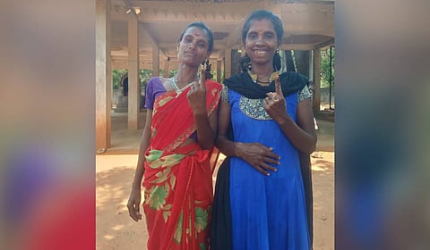 P Amsavalli (L) and her sister Usha, after casting votes for the first time.