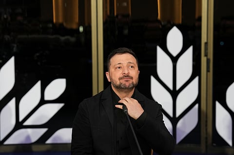 Ukraine's President Volodymyr Zelenskyy attends the EU Summit in Ayia Napa, Cyprus, Thursday, April 23, 2026.