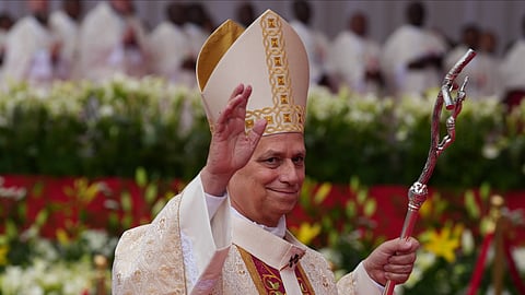 Pope Leo XIV arrives to celebrate the Holy mass at the Malabo stadium, in Malabo, Equatorial Guinea, Thursday, April 23, 2026, on the last day of his 11-day pastoral visit to Africa. 