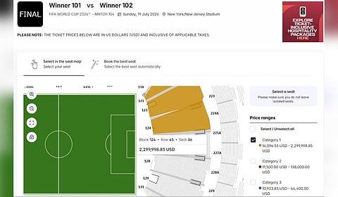 This image from the FIFA Resale/Exchange Marketplace website, Thursday, April 23, 2026, shows the resale asking price for a ticket to the World Cup final soccer match on Sunday, July 26, 2026.
