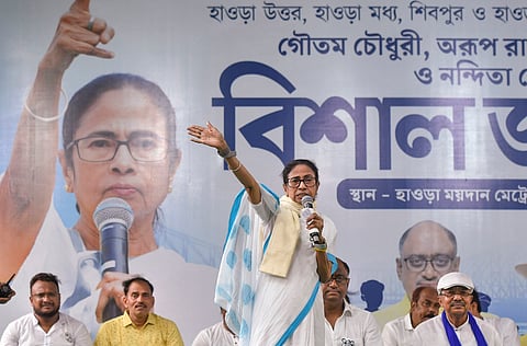Chief Minister Mamata Banerjee addresses a public meeting ahead of the second phase of the state Assembly elections, in Howrah district, Friday, April 24, 2026. 