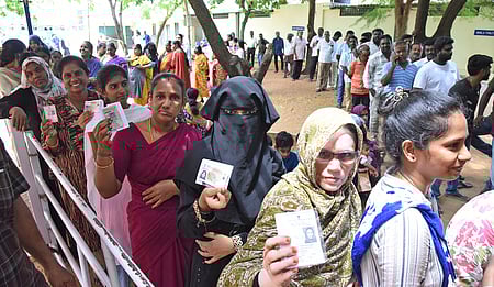 People waiting to cast their votes at EB Road in Tiruchy 