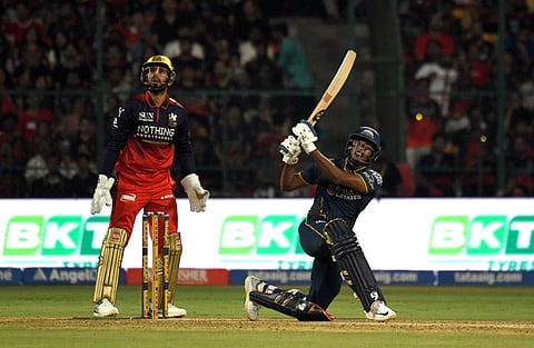 B Sai Sudharsan hits a shot on Friday