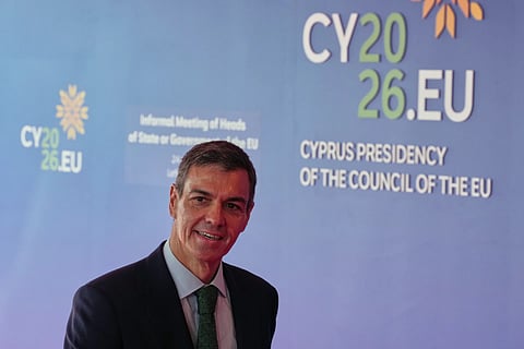 Spain's Prime Minister Pedro Sánchez arrives for the EU Summit in Nicosia, Cyprus, Friday, April 24, 2026.