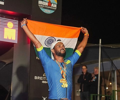 Suresh Sam Chandy after winning his sixth Ironman title