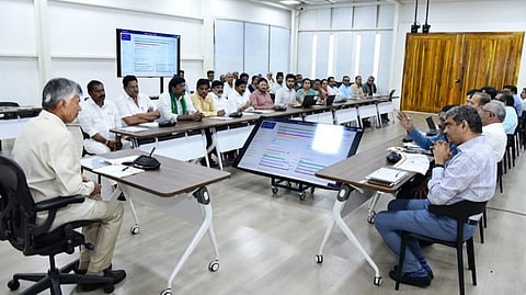 Chief Minister Nara Chandrababu Naidu addressing a review meeting on agriculture and allied sectors at his Camp Office on Friday.