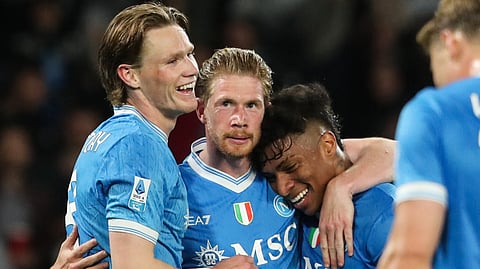Napoli's Kevin De Bruyne (2nd L) celebrates with Allison Santos (2nd R) and Scott McTominay (L) after scoring his team's third goal during the Italian Serie A football between match SSC Napoli and US Cremonese on April 24, 2026.