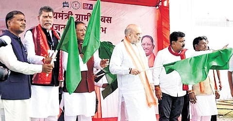 Union Home Minister Amit Shah flagging off public bus service in Chhattisgarh’s remote forest areas.
