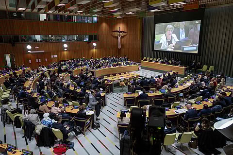 Michelle Bachelet, former Chilean president and a candidate for United Nations secretary-general, speaks during an informal dialogue at U.N. headquarters, Tuesday, April 21, 2026.