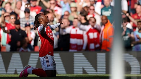 Arsenal's Eberechi Eze celebrates after scoring the opening goal during the English Premier League soccer match between Arsenal and Newcastle United in London, Saturday, April 25, 2026.