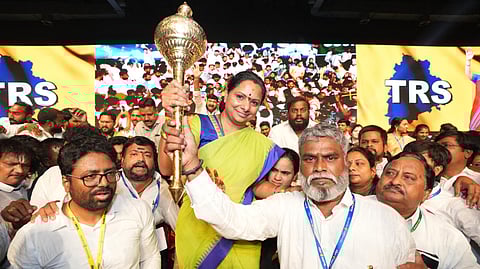 K Kavitha at the launch of a new political party, the Telangana Rashtra Sena.