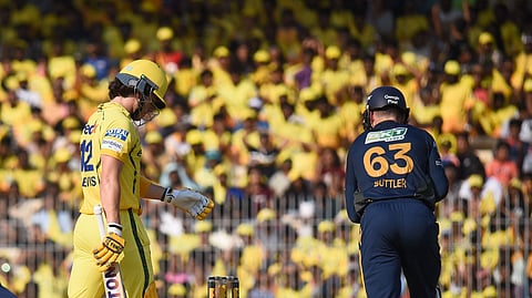 CSK's Dewald Brevis walks back after getting out