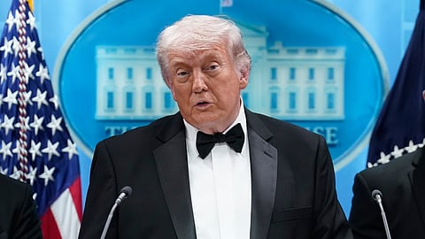 President Donald Trump speaks in the James Brady Press Briefing Room at the White House after an unspecified threat at the annual White House Correspondents' Association Dinner in Washington, Saturday, April 25, 2026. 
