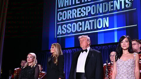 White House Press Secretary Karoline Leavitt, US First Lady Melania Trump, US President Donald Trump and CBS News senior White House correspondent Weijia Jiang attend the White House Correspondents' dinner on April 25, 2026.