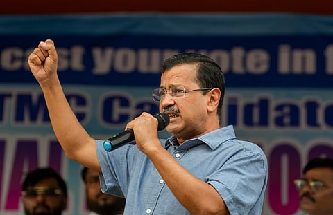 AAP national convener Arvind Kejriwal campaigns in support of TMC candidate Kunal Ghosh, unseen, for the Beliaghata Assembly constituency amid the ongoing West Bengal Assembly elections, in Kolkata, West Bengal, Sunday, April 26, 2026. 