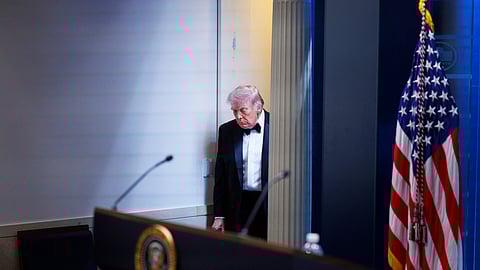 President Donald Trump arrives at the James Brady Press Briefing Room at the White House after a shooting incident outside the ballroom at the annual White House Correspondents' Association Dinner in Washington, Saturday, April 25, 2026.
