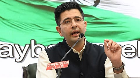 Rajya Sabha MP Raghav Chadha adddresses a press conference at the Constitution Club, in New Delhi.