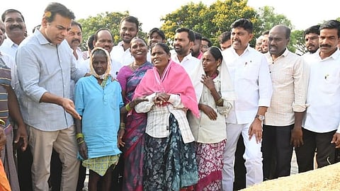 BRS working presidnet and Sircilla MLA KT Rama Rao inspect paddy heap at Baddenapally procurement centre in Rajanna-Sircilla district on Saturday.