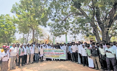Residents of Amrabad mandal in Nagarkurnool district take part in a rally urging the government to expedite the resettlement process on Monday