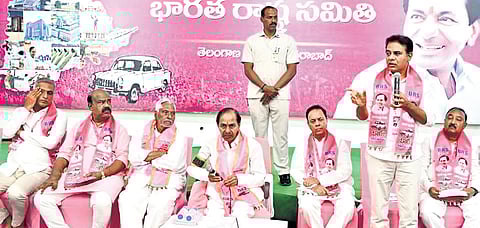BRS working president KT Rama Rao speaks during the party’s state executive committee meeting in Hyderabad on Monday