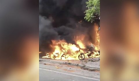 A fire broke out at a commercial building near Shyamal Crossroads in Ahmedabad on Monday, rapidly spreading from the ground floor to upper levels.