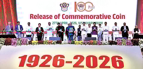 Vice-President CP Radhakrishnan, Governor S Abdul Nazeer, CM N Chandrababu Naidu and others during the centenary celebrations of AU on Monday 