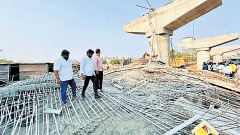 The slab of an under construction Railway-Overbridge (ROB) collapses at Tunglam in Gajuwaka area of Visakhapatnam on Sunday.