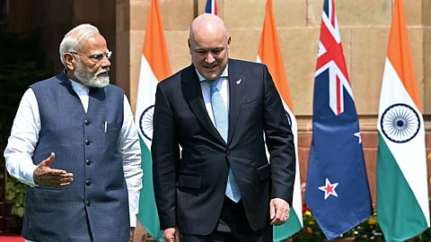 Prime Minister Narendra Modi speaks with his New Zealand counterpart Christopher Luxon before official meeting at the Hyderabad House in New Delhi on March 17