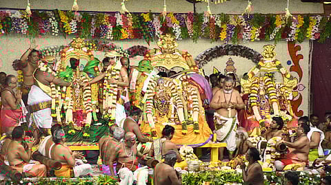 Priests performed the wedding rituals between 8.35 am and 8.59 am during the Rishaba Lagna, accompanied by Vedic chants.