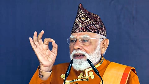 In this screengrab from a video posted on April 28, 2026, Prime Minister Narendra Modi addresses the closing ceremony of Sikkim's 50th year of statehood celebrations, at Paljor Stadium in Gangtok, Sikkim.