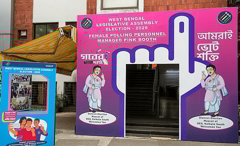 Officials leave for their respective polling stations with security after collecting Electronic Voting Machine (EVM) and Voter Verifiable Paper Audit Trail (VVPAT) units for voting in the second phase of the West Bengal Assembly elections, in Kolkata, Tuesday, April 28, 2026.
